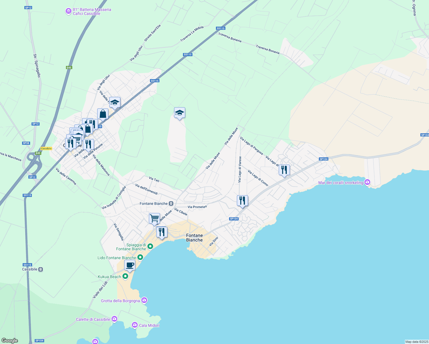 map of restaurants, bars, coffee shops, grocery stores, and more near 21 Via Ganimede in Fontane Bianche