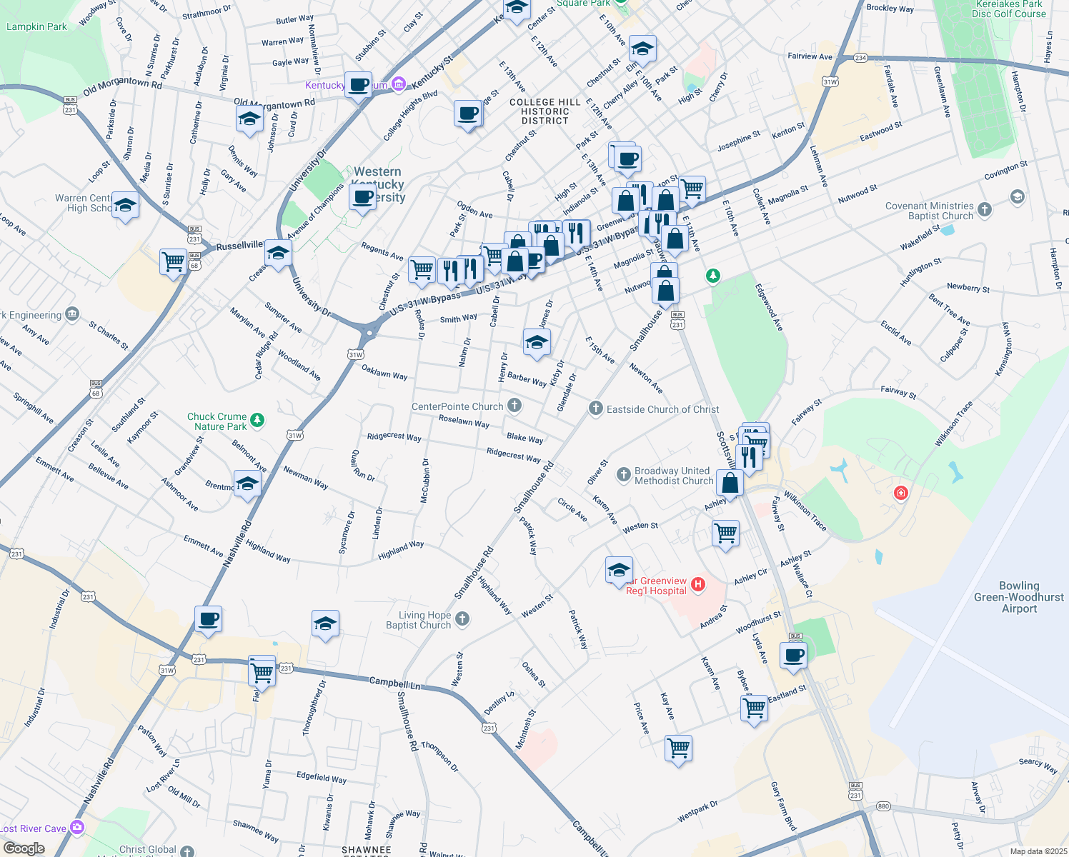 map of restaurants, bars, coffee shops, grocery stores, and more near 1098 Roselawn Way in Bowling Green