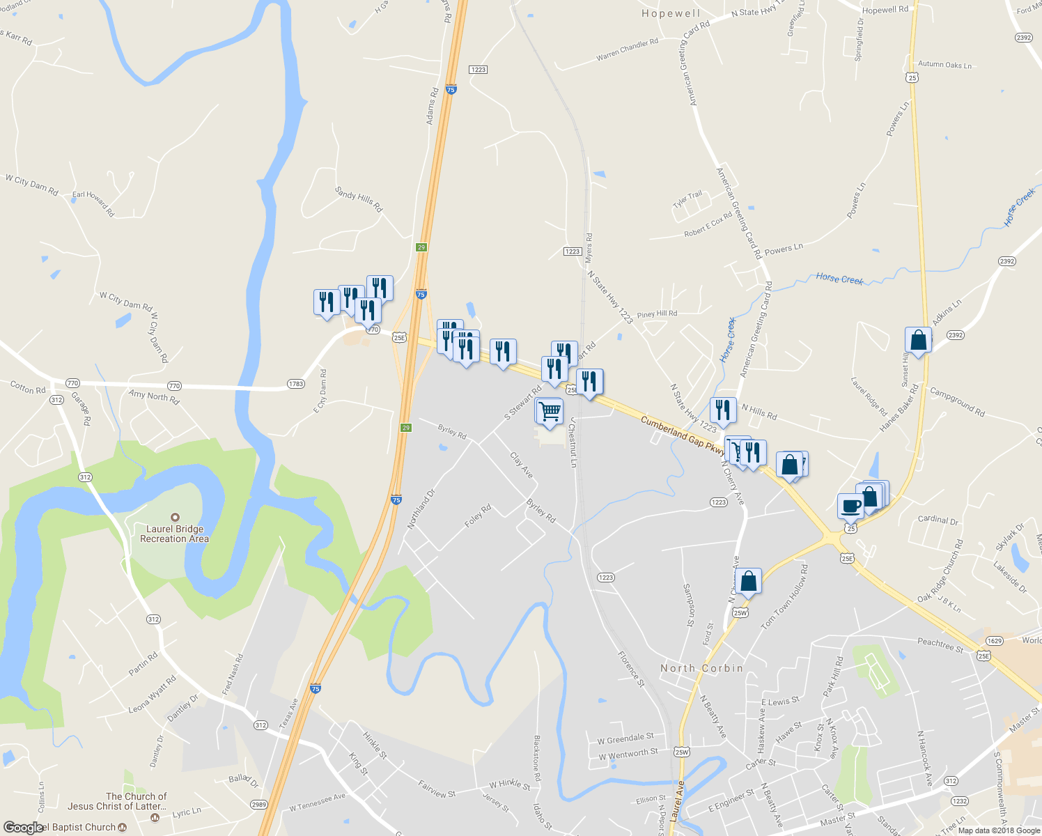 map of restaurants, bars, coffee shops, grocery stores, and more near 104 South Stewart Road in Corbin
