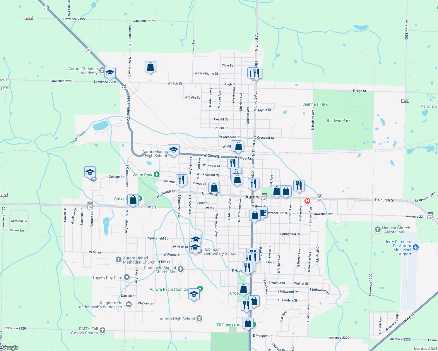 map of restaurants, bars, coffee shops, grocery stores, and more near 299 S Washington Ave in Aurora