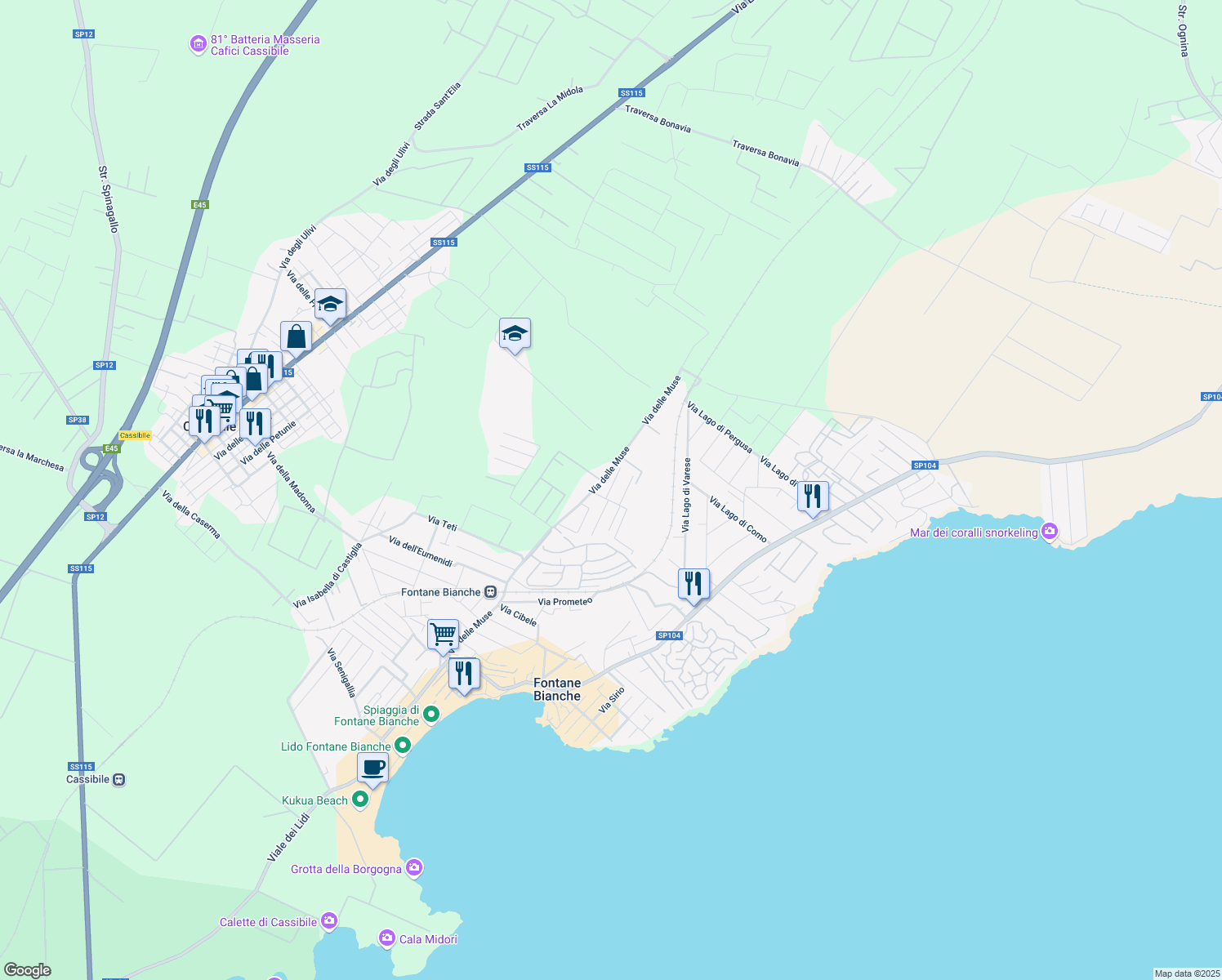 map of restaurants, bars, coffee shops, grocery stores, and more near 21 Via Ganimede in Fontane Bianche