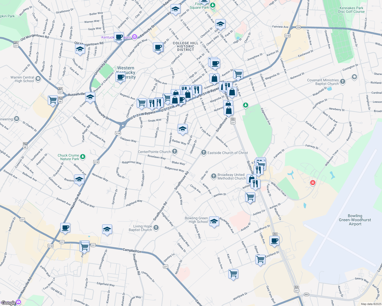 map of restaurants, bars, coffee shops, grocery stores, and more near 1714 Glendale Drive in Bowling Green
