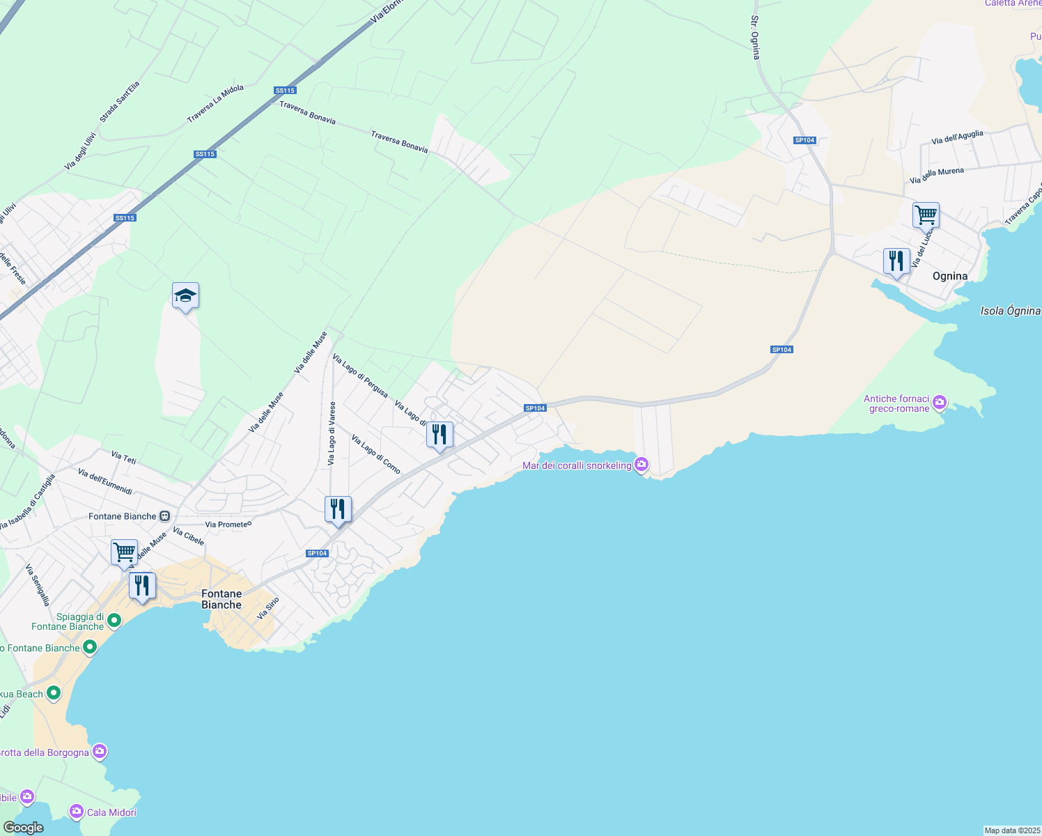 map of restaurants, bars, coffee shops, grocery stores, and more near 2 Via Mar Adriatico in Fontane Bianche