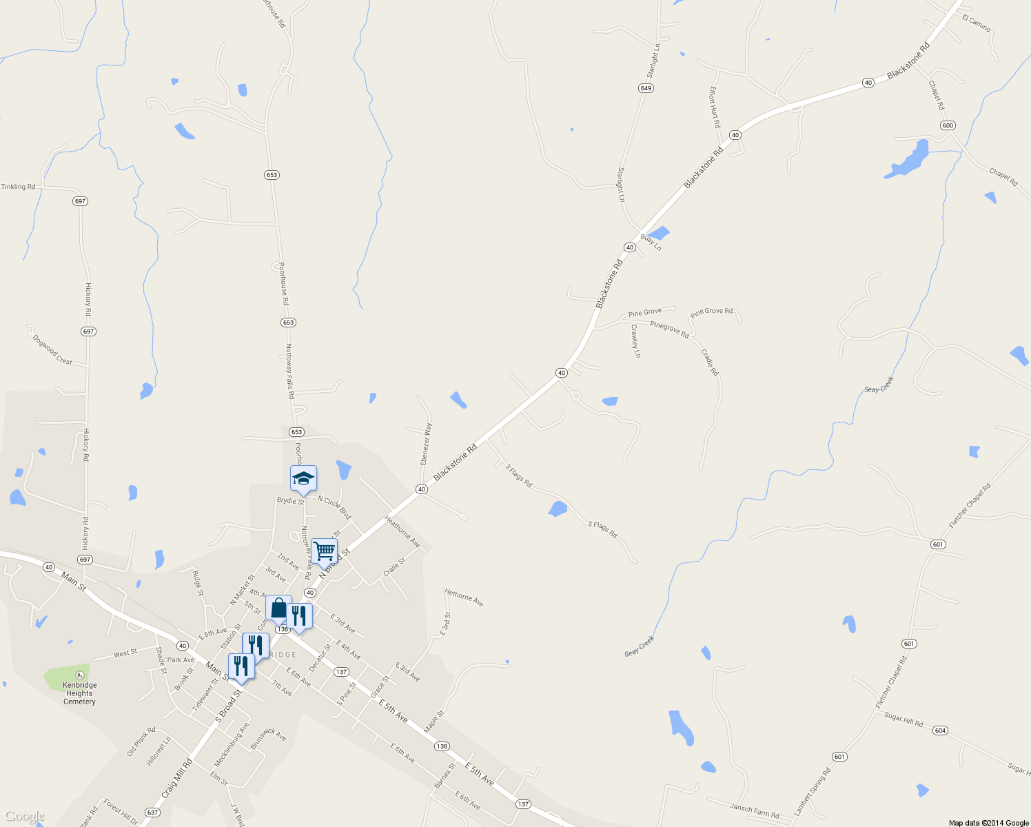 map of restaurants, bars, coffee shops, grocery stores, and more near 1342 Blackstone Road in Kenbridge