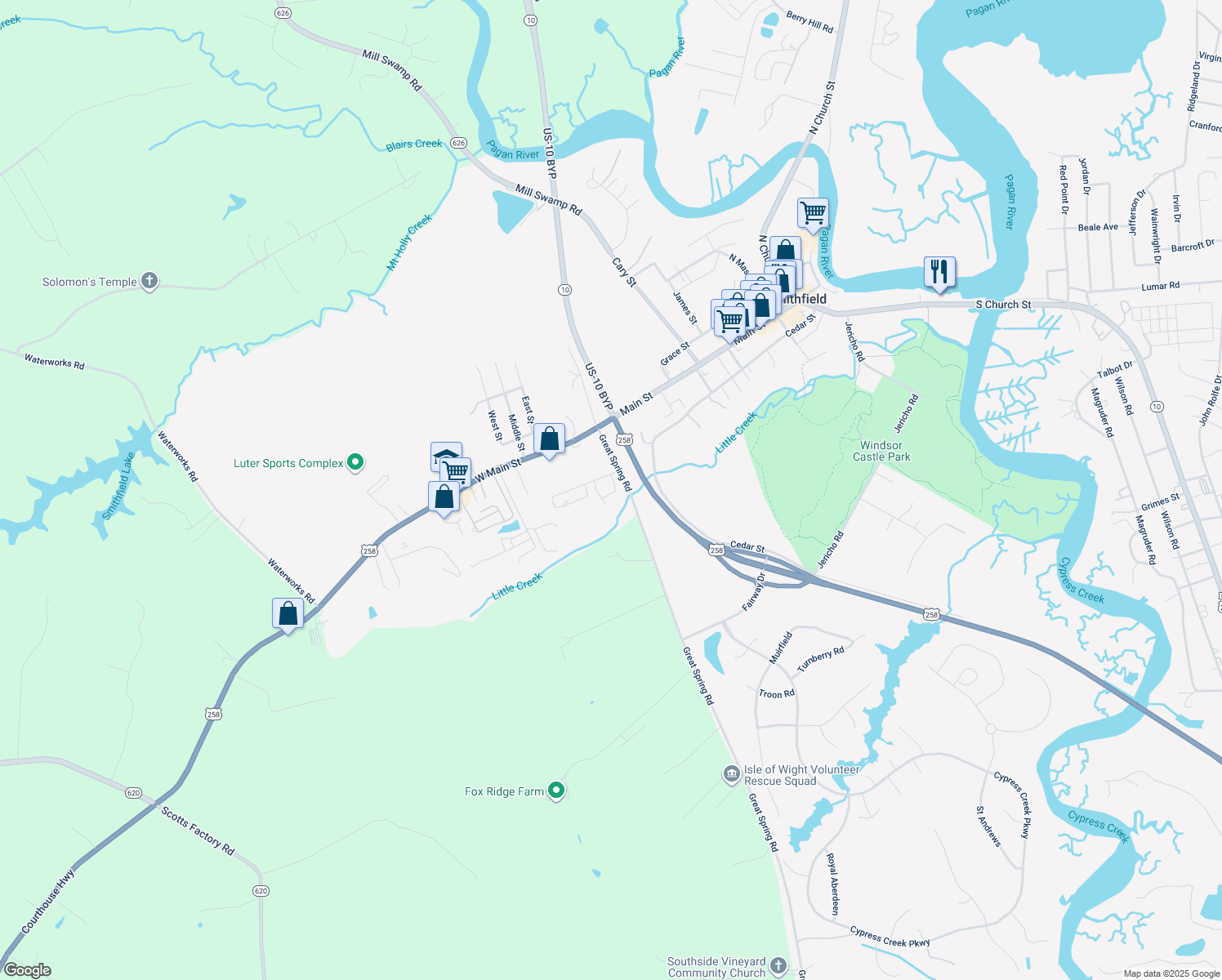map of restaurants, bars, coffee shops, grocery stores, and more near 205 Hillcrest Drive in Smithfield