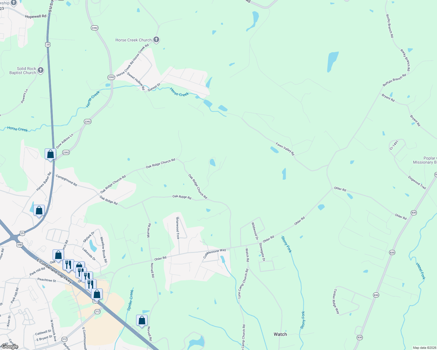 map of restaurants, bars, coffee shops, grocery stores, and more near 236 Jenny Lane in Corbin