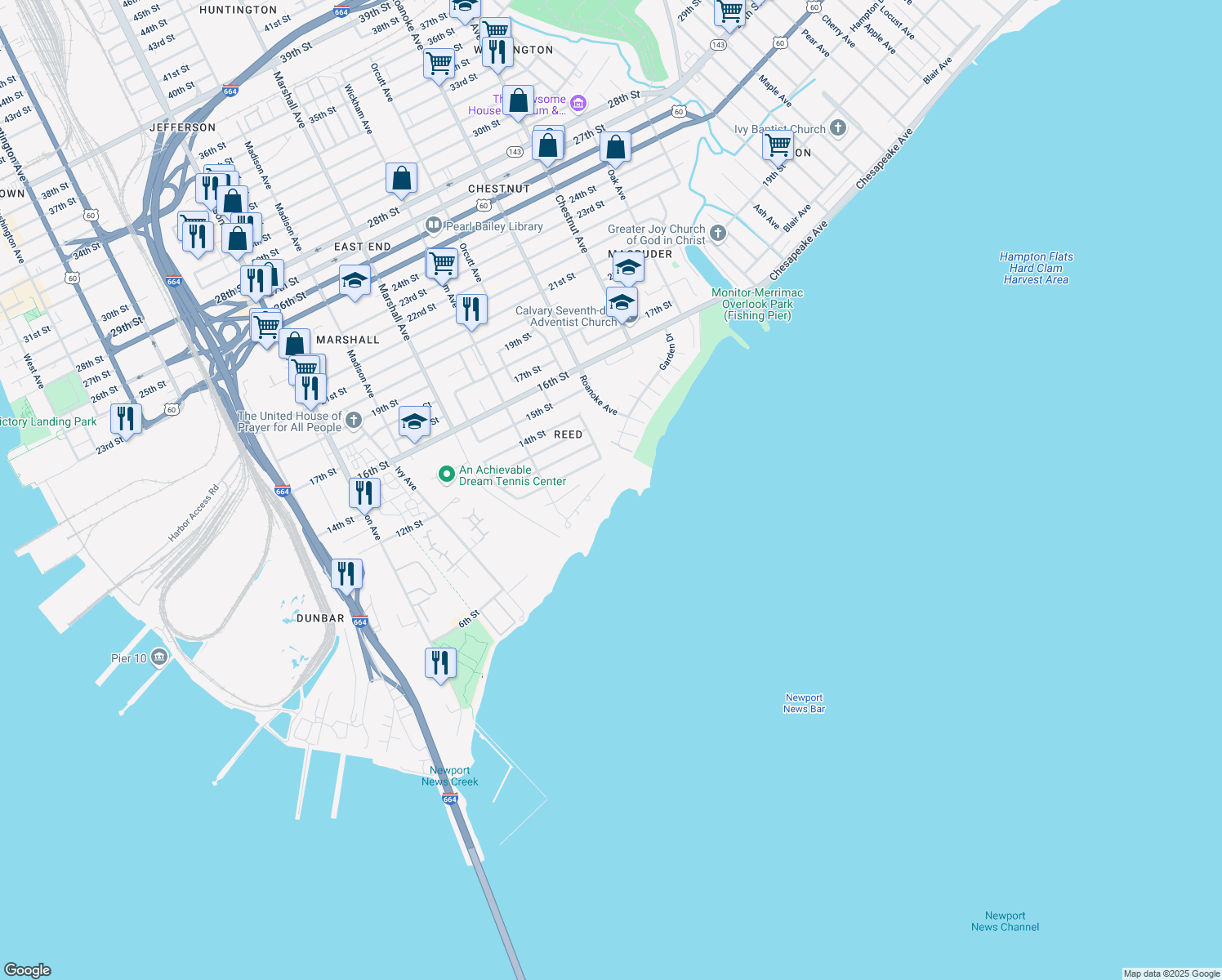 map of restaurants, bars, coffee shops, grocery stores, and more near 938 Shore Dr in Newport News
