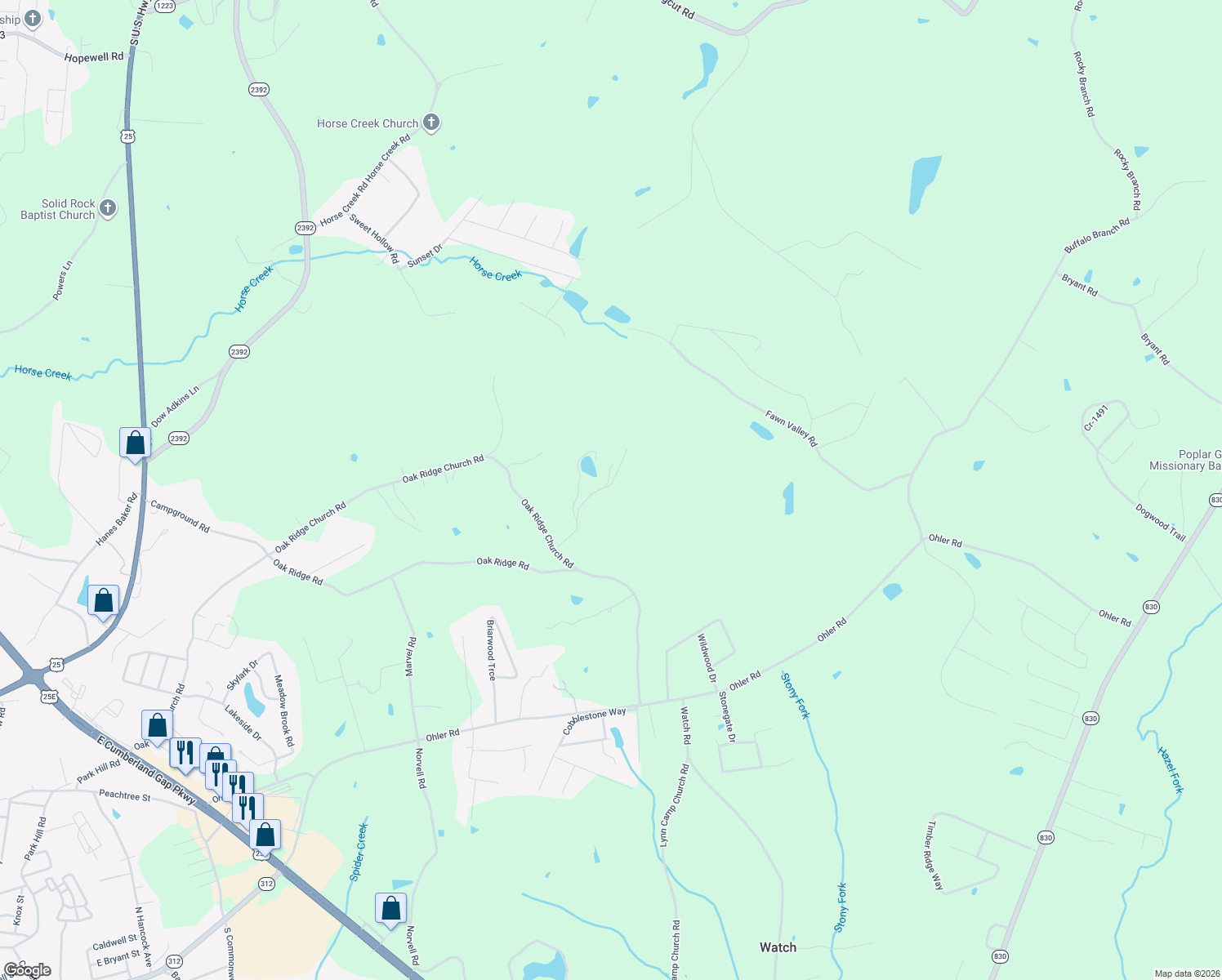 map of restaurants, bars, coffee shops, grocery stores, and more near 236 Jenny Lane in Corbin