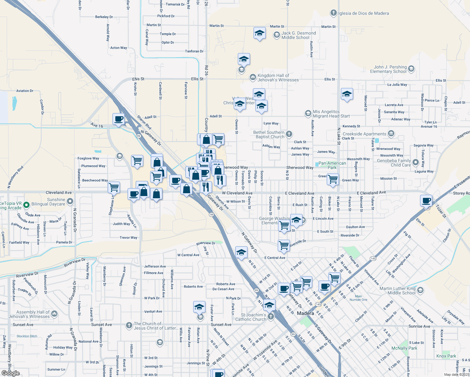 map of restaurants, bars, coffee shops, grocery stores, and more near 1108 Owens Street in Madera