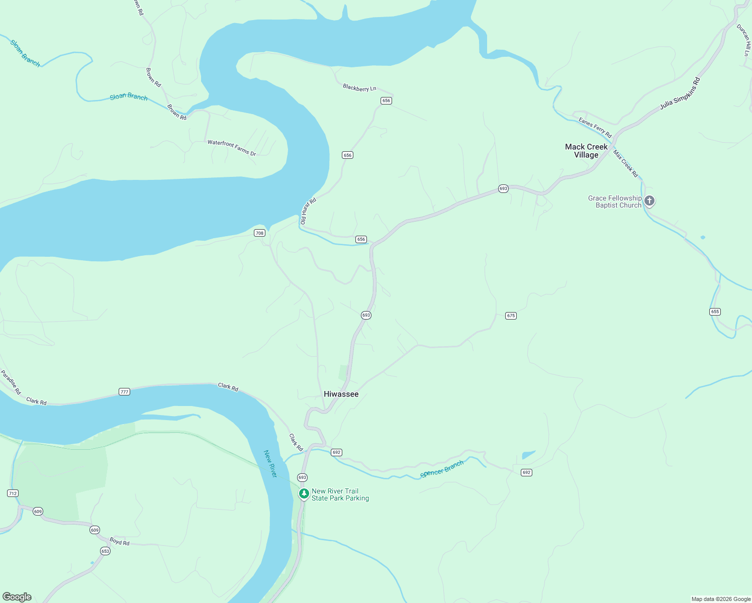 map of restaurants, bars, coffee shops, grocery stores, and more near 2420 Julia Simpkins Road in Hiwassee