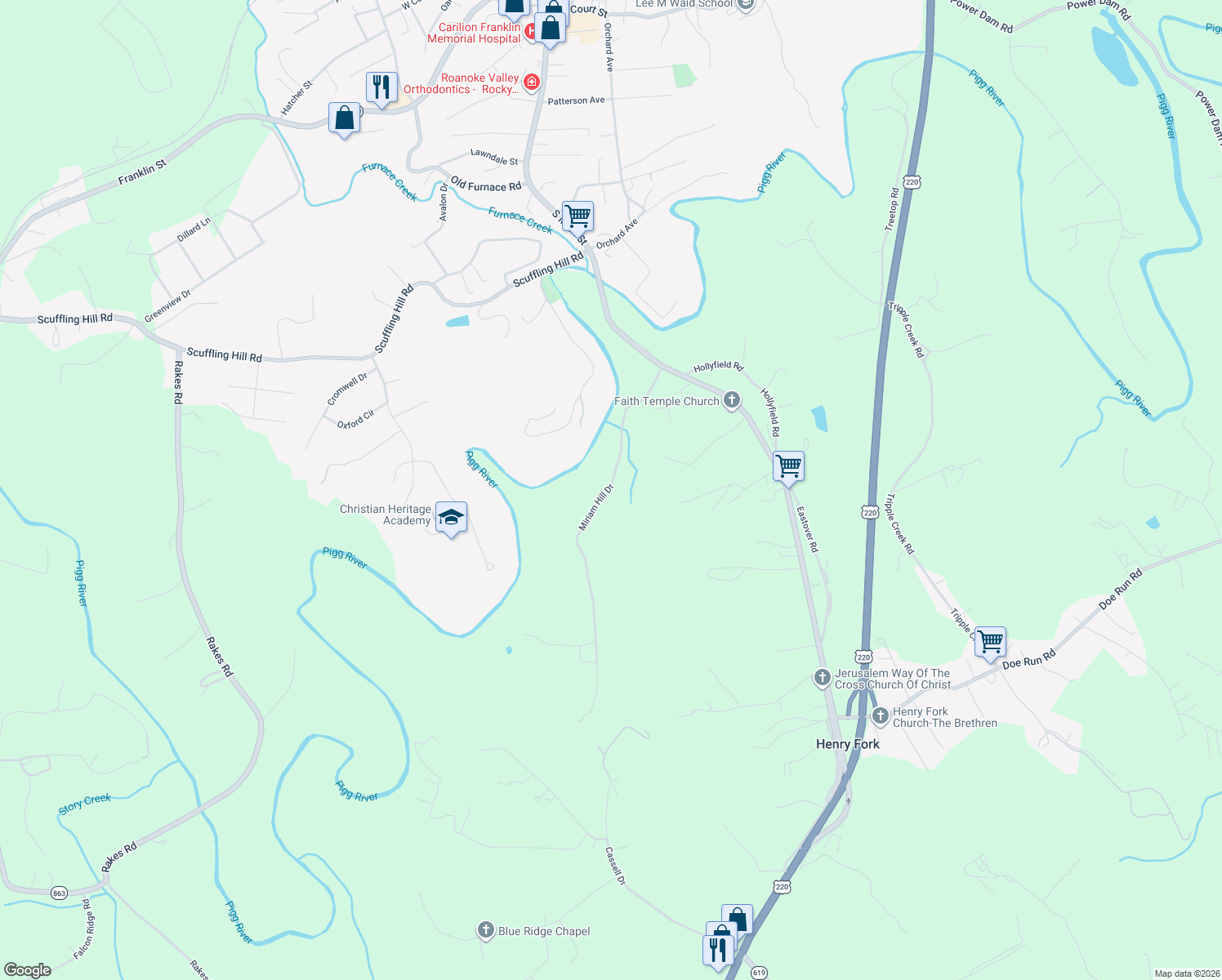 map of restaurants, bars, coffee shops, grocery stores, and more near 400 Miriam Hill Drive in Rocky Mount