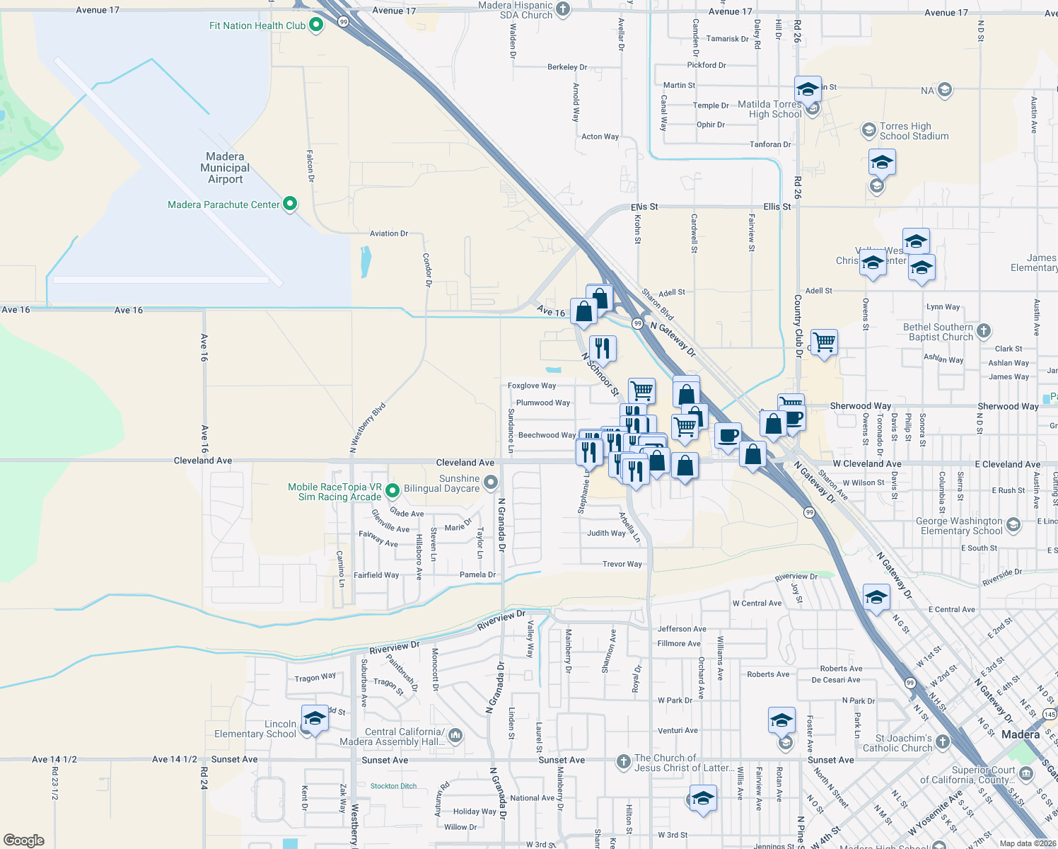 map of restaurants, bars, coffee shops, grocery stores, and more near 2526 Grapewood Way in Madera