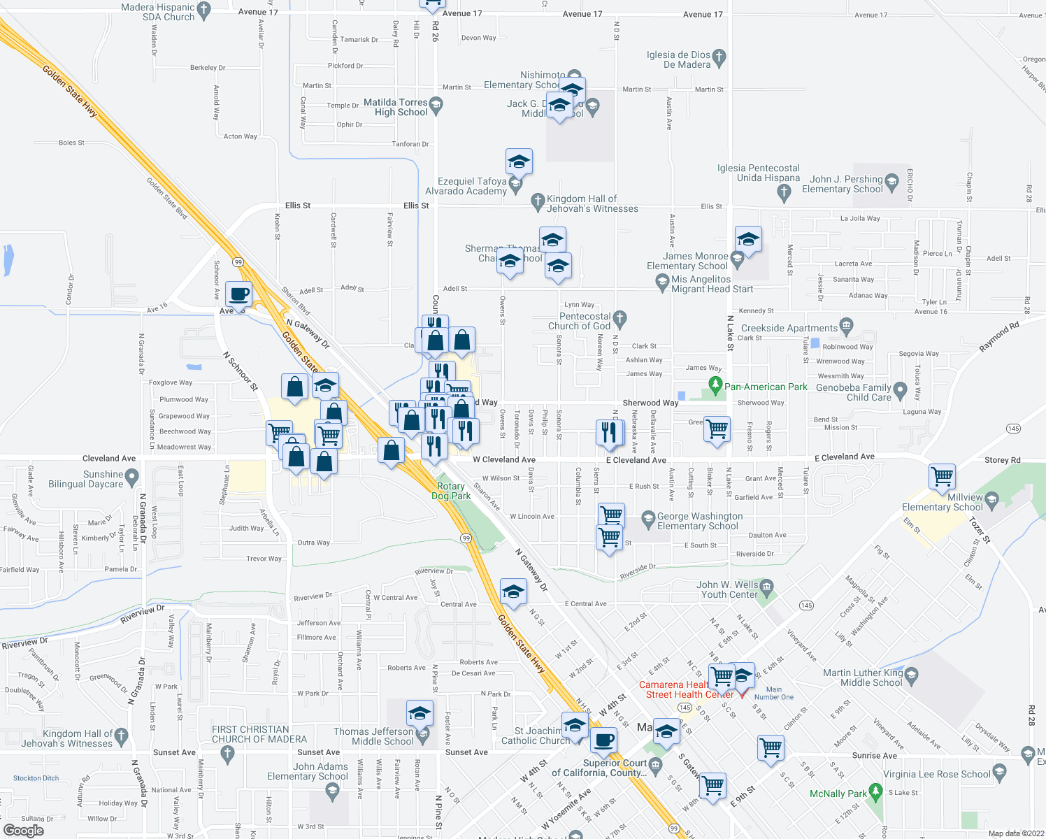 map of restaurants, bars, coffee shops, grocery stores, and more near 1213 Toronado Dr in Madera