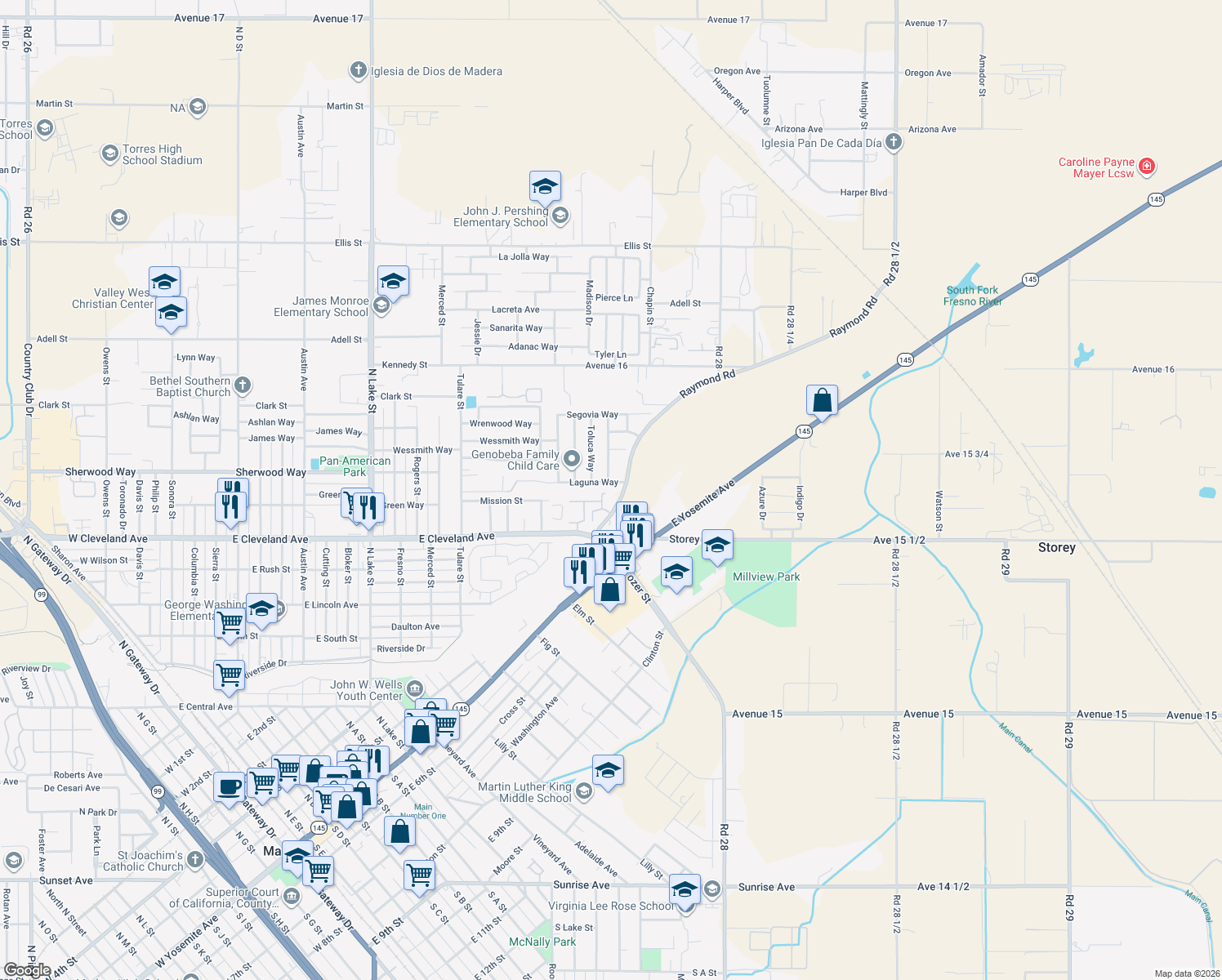map of restaurants, bars, coffee shops, grocery stores, and more near 1348 Laguna Way in Madera