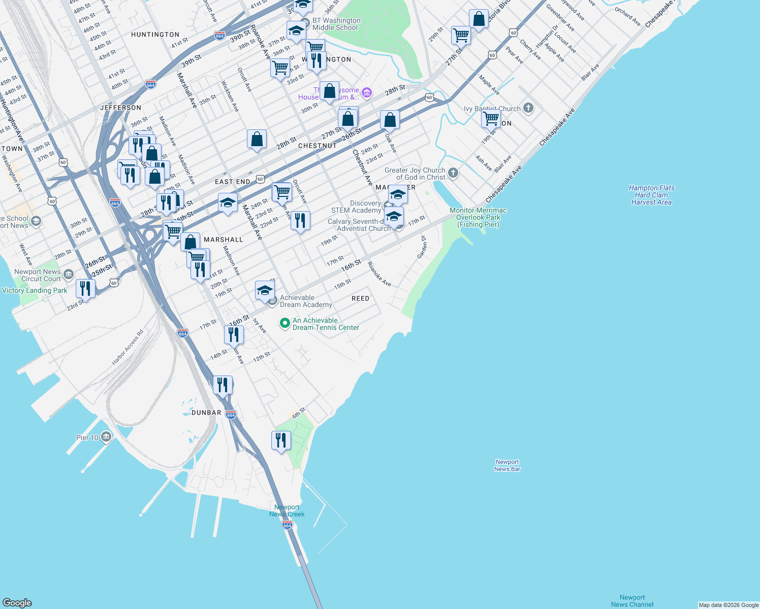 map of restaurants, bars, coffee shops, grocery stores, and more near 1112 Orcutt Avenue in Newport News