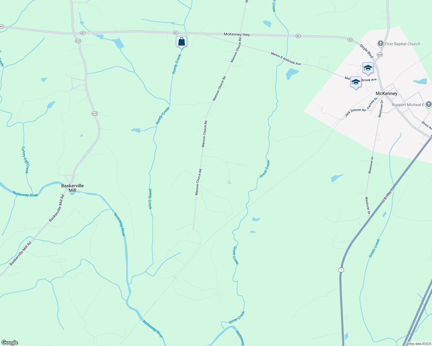 map of restaurants, bars, coffee shops, grocery stores, and more near 21215 Manson Church Road in McKenney