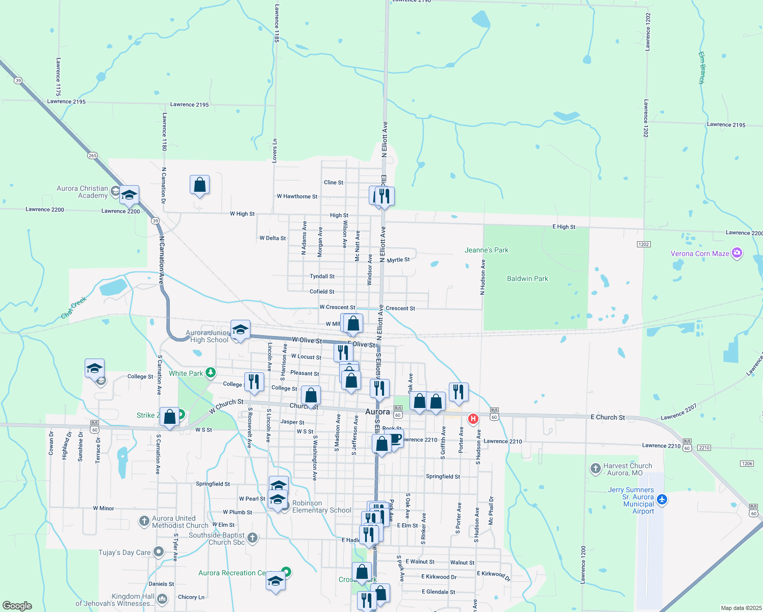 map of restaurants, bars, coffee shops, grocery stores, and more near 210 North Elliott Avenue in Aurora