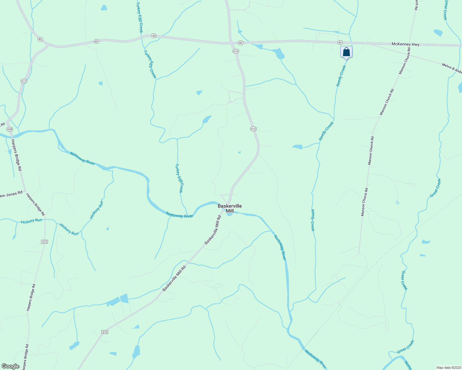 map of restaurants, bars, coffee shops, grocery stores, and more near 21407 Baskerville Mill Road in McKenney