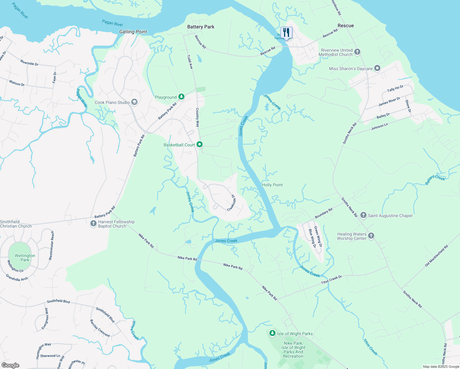map of restaurants, bars, coffee shops, grocery stores, and more near 20648 River's Bend in Smithfield
