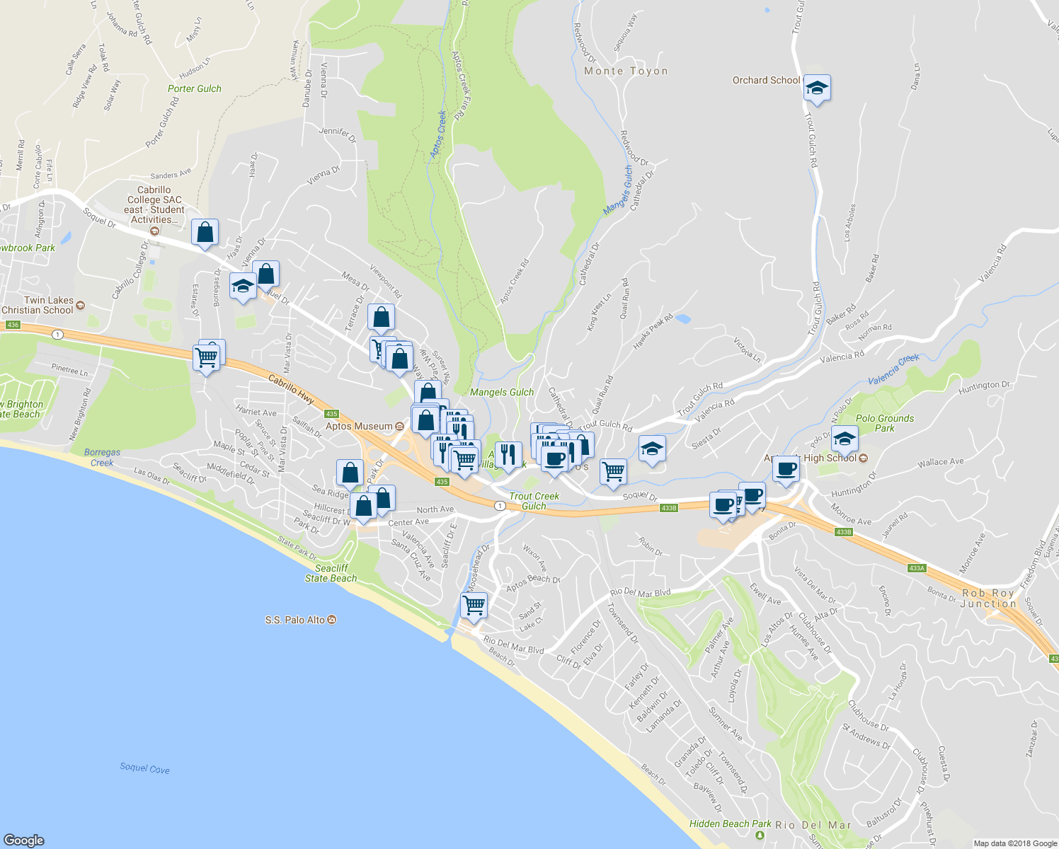 map of restaurants, bars, coffee shops, grocery stores, and more near 160 Mattison Court in Aptos