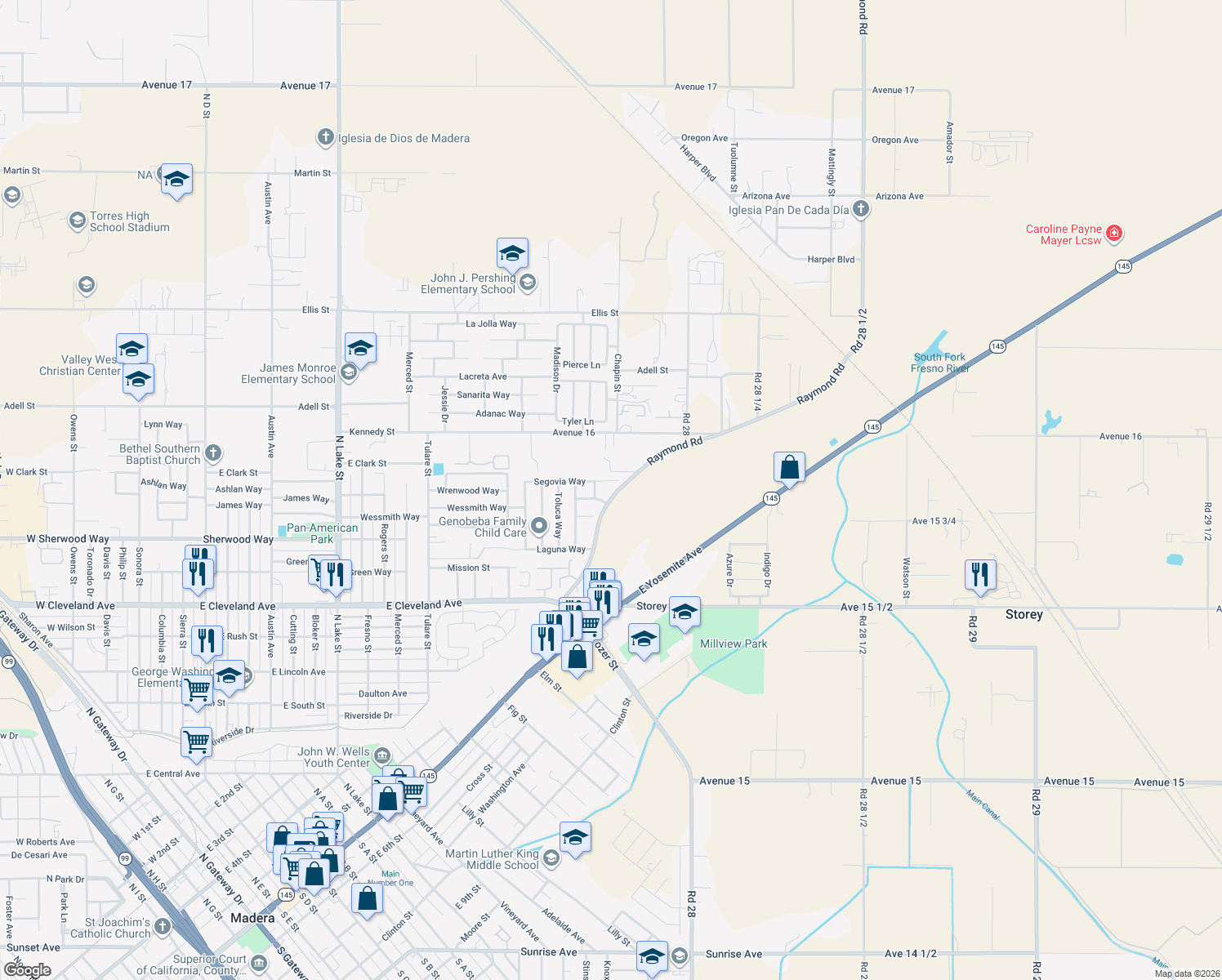 map of restaurants, bars, coffee shops, grocery stores, and more near 1436 Segovia Court in Madera