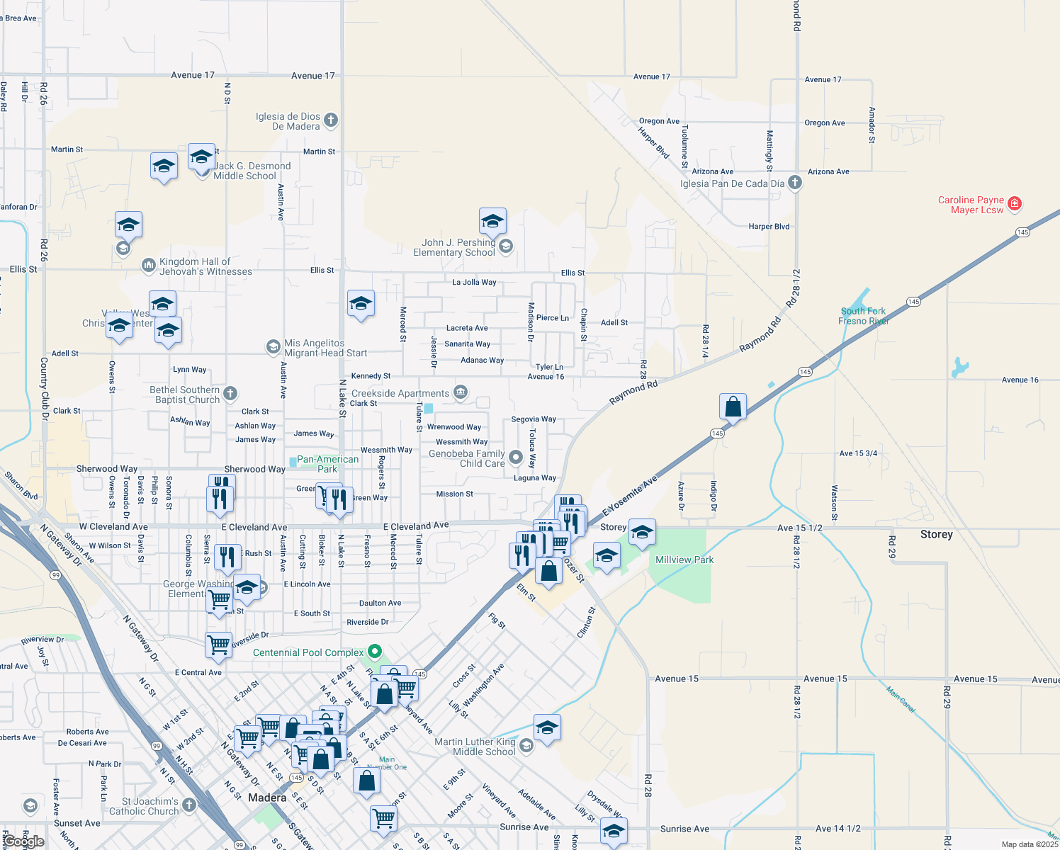 map of restaurants, bars, coffee shops, grocery stores, and more near 1486 Toluca Way in Madera