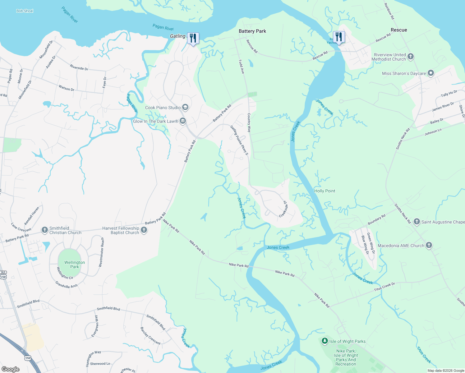 map of restaurants, bars, coffee shops, grocery stores, and more near 20160 Harbour Ridge in Smithfield