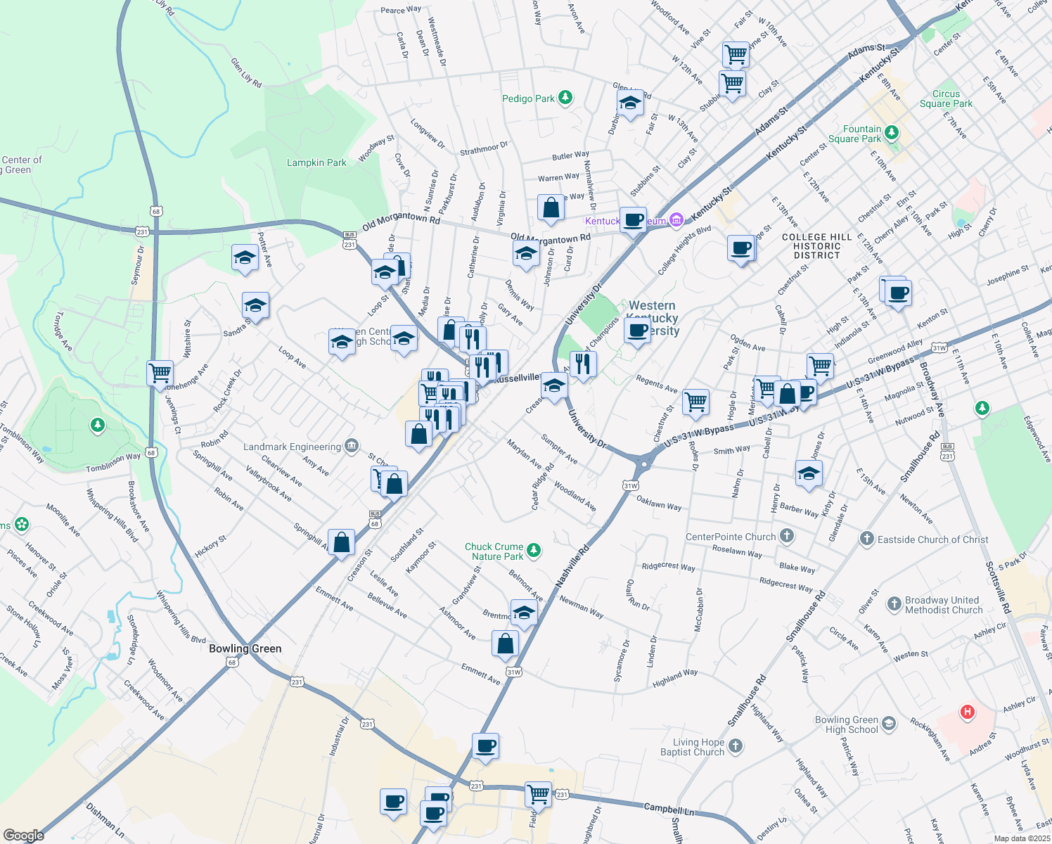 map of restaurants, bars, coffee shops, grocery stores, and more near 310 Sumpter Avenue in Bowling Green