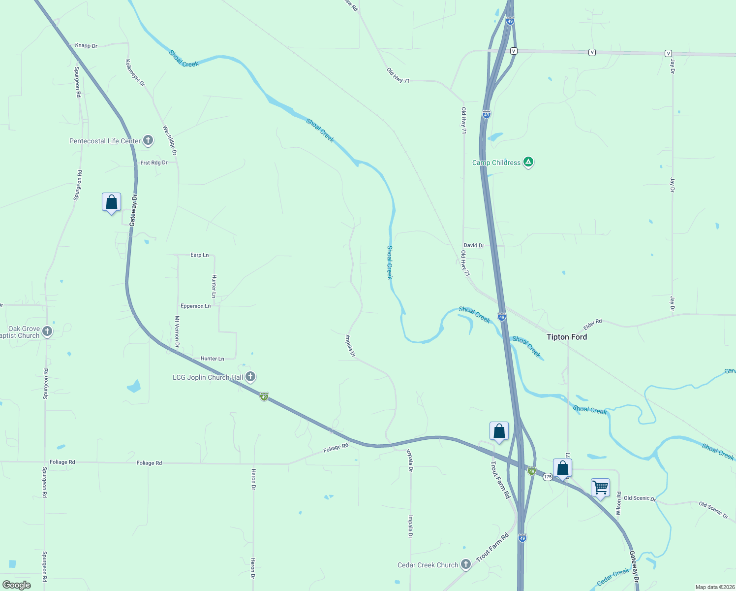 map of restaurants, bars, coffee shops, grocery stores, and more near 6508-6540 Impala Drive in Joplin