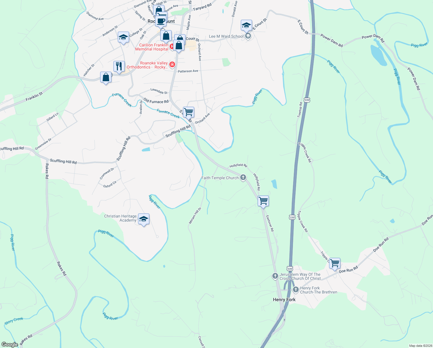 map of restaurants, bars, coffee shops, grocery stores, and more near 400 Miriam Hill Drive in Rocky Mount