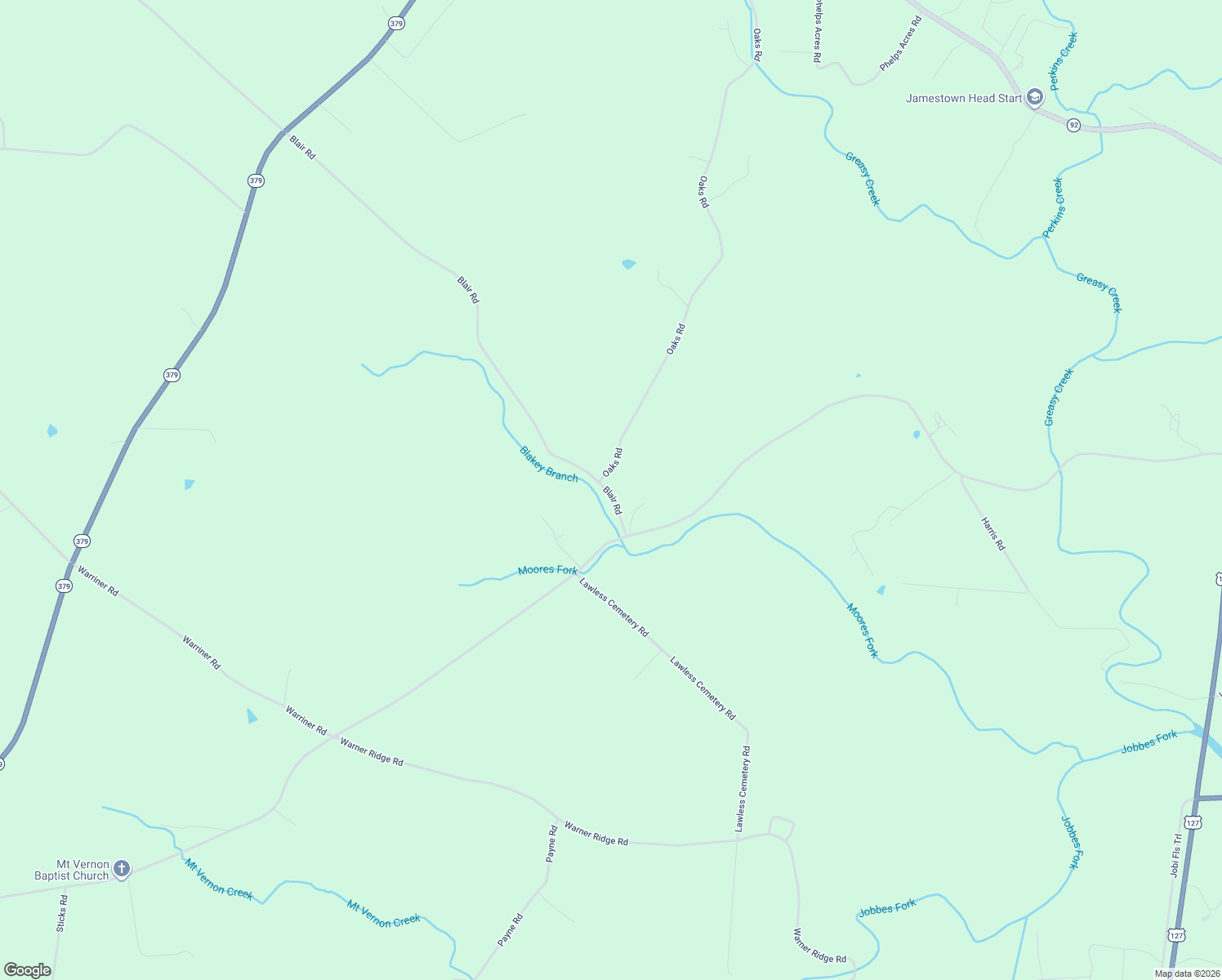 map of restaurants, bars, coffee shops, grocery stores, and more near Blair Road in Jamestown