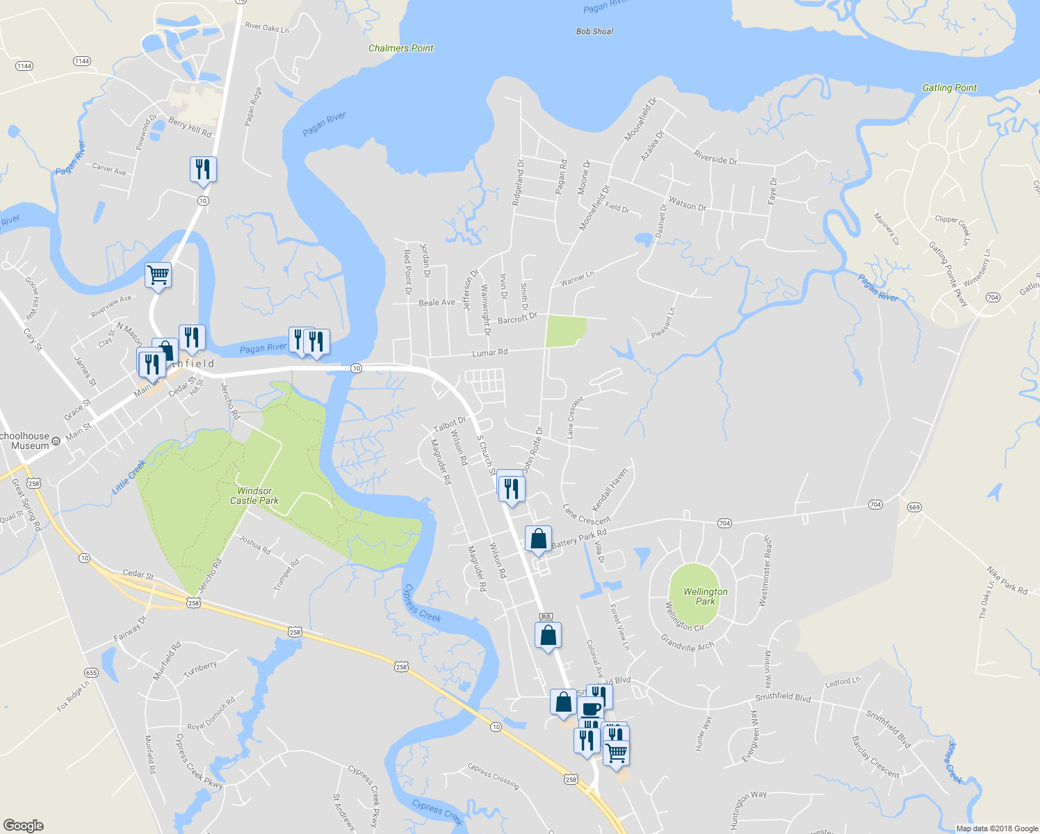 map of restaurants, bars, coffee shops, grocery stores, and more near 613 Breann Court in Smithfield