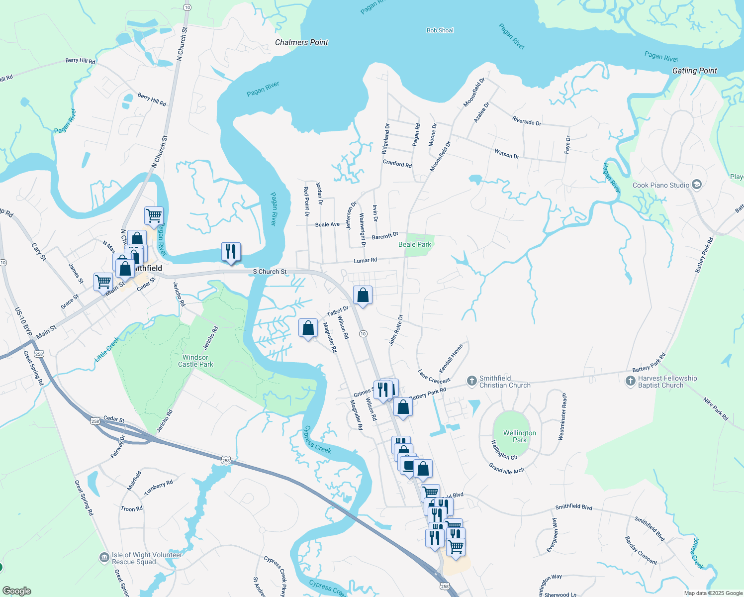 map of restaurants, bars, coffee shops, grocery stores, and more near 108 Oxford Avenue in Smithfield