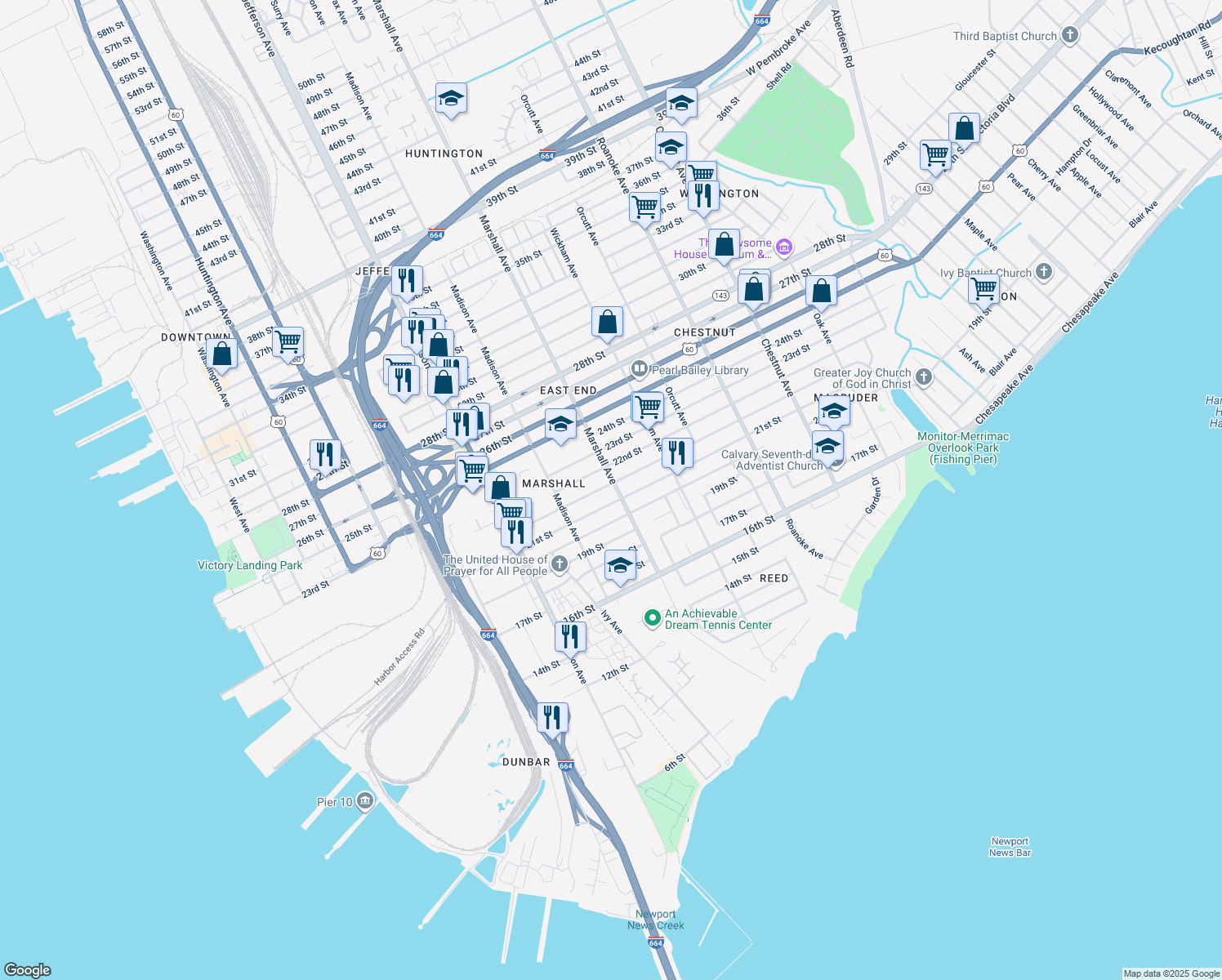 map of restaurants, bars, coffee shops, grocery stores, and more near 2111 Marshall Avenue in Newport News
