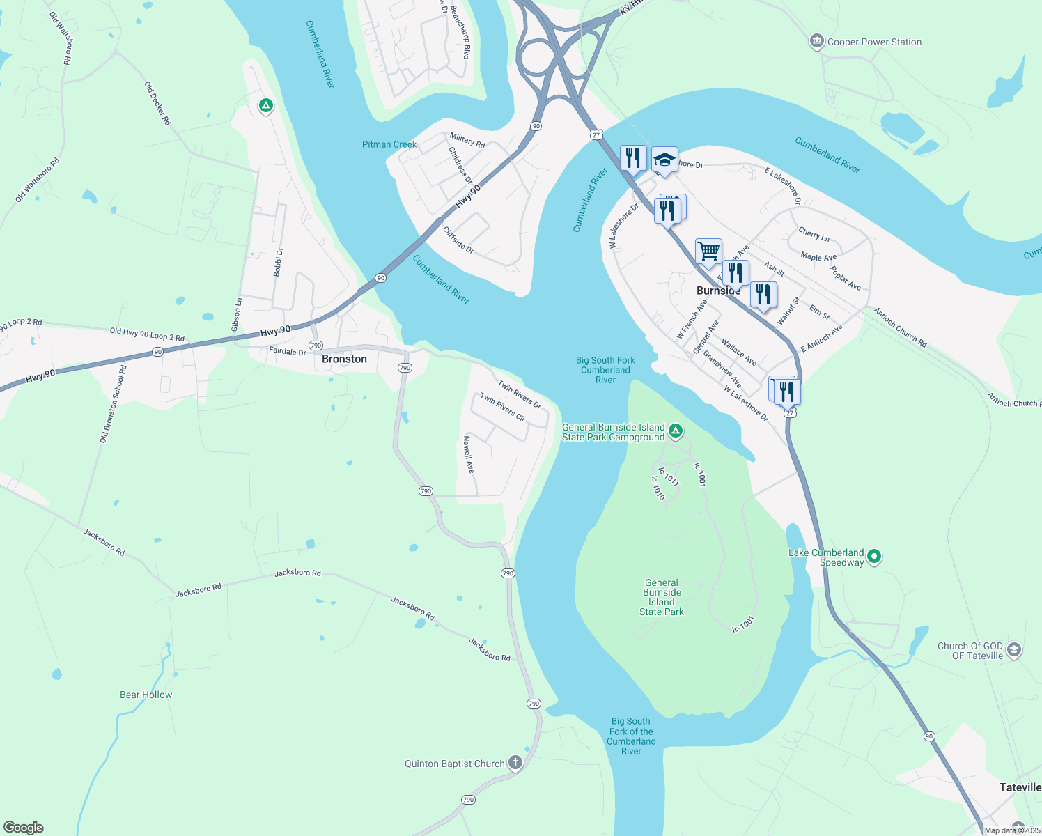 map of restaurants, bars, coffee shops, grocery stores, and more near Twin Rivers Cir in Pulaski