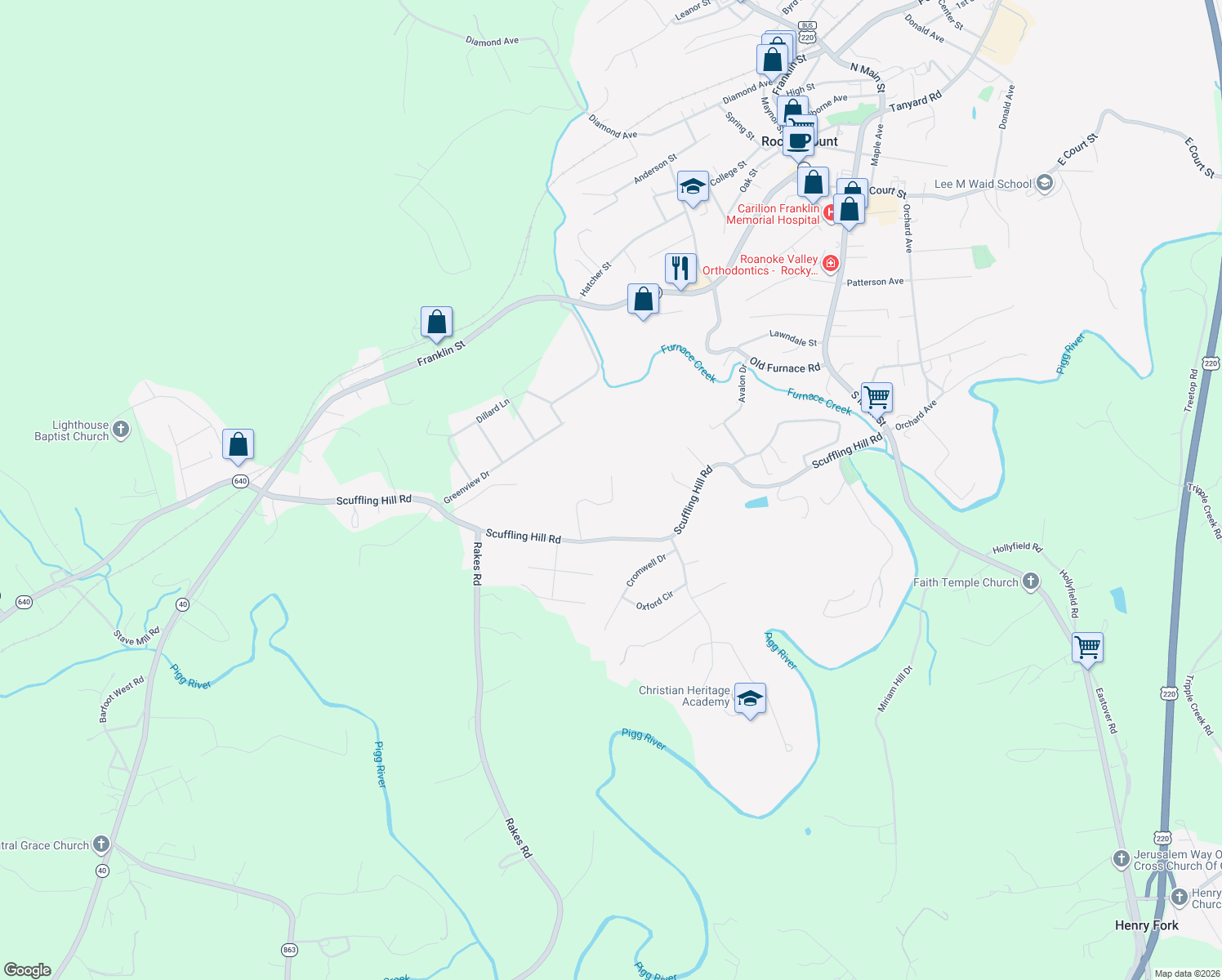 map of restaurants, bars, coffee shops, grocery stores, and more near 245 Stoney Mill Road in Rocky Mount