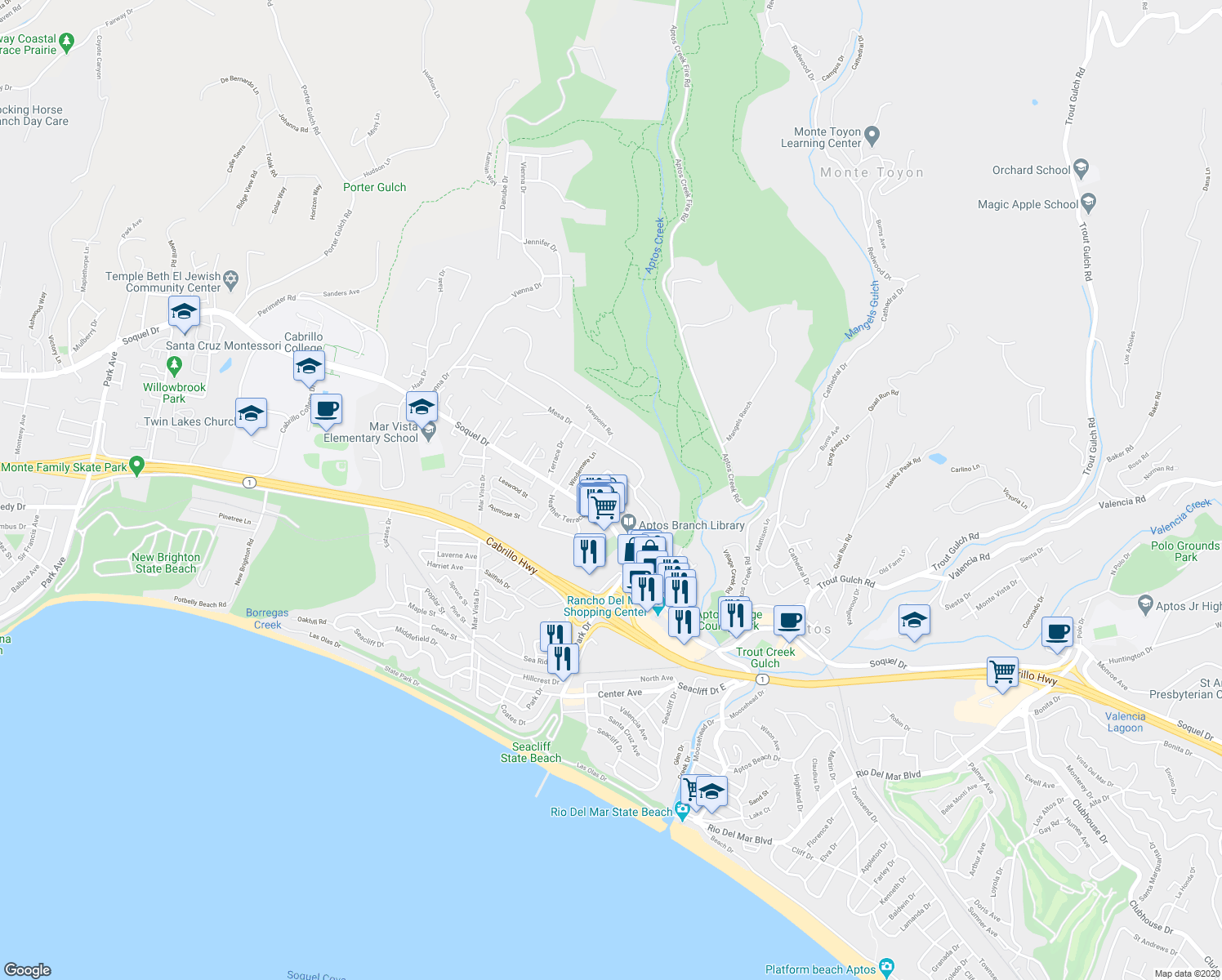 map of restaurants, bars, coffee shops, grocery stores, and more near 7547 Arden Way in Aptos