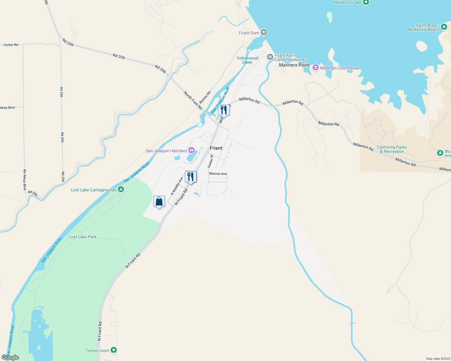 map of restaurants, bars, coffee shops, grocery stores, and more near 3980 Converse Avenue in Friant