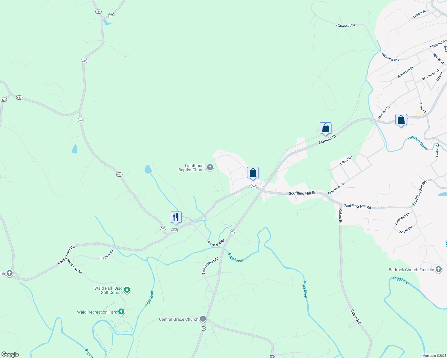 map of restaurants, bars, coffee shops, grocery stores, and more near 160 Highfield Road in Rocky Mount