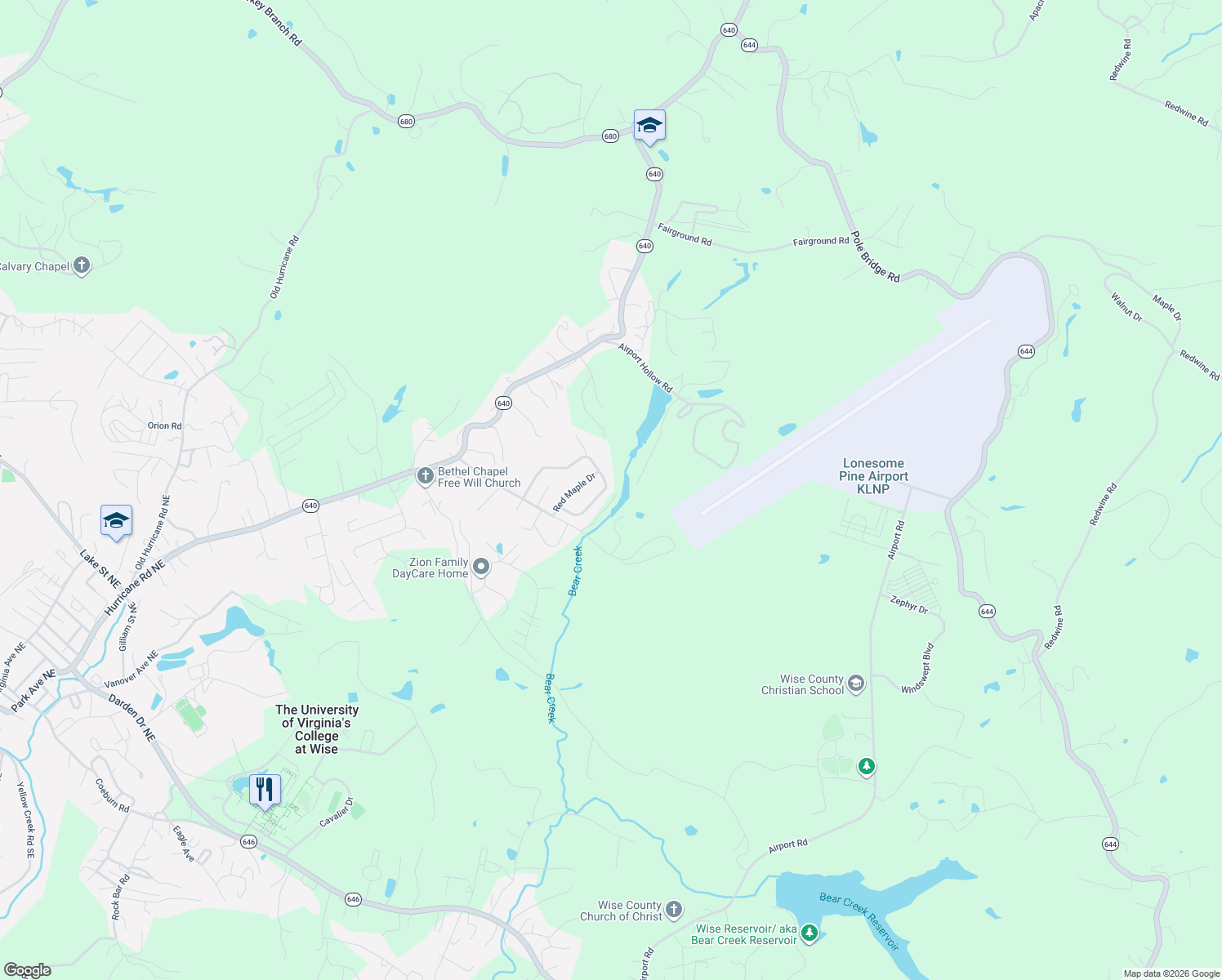 map of restaurants, bars, coffee shops, grocery stores, and more near 9877 Greenwood Circle in Wise