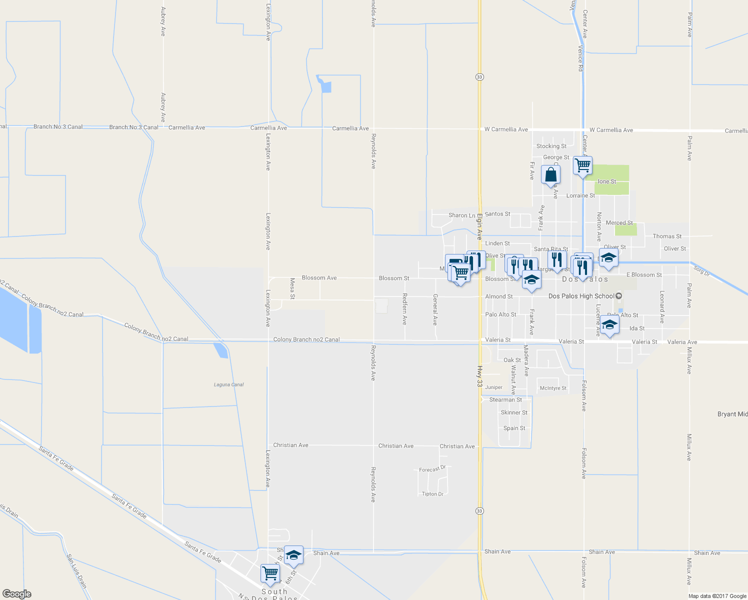 map of restaurants, bars, coffee shops, grocery stores, and more near West Almond Street in Dos Palos