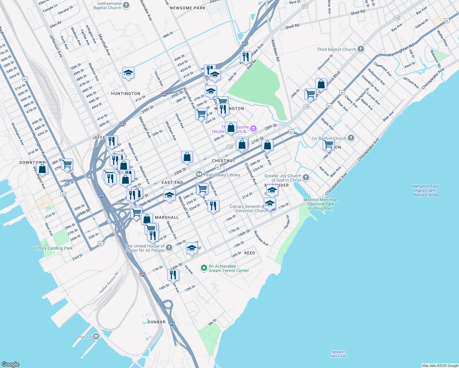 map of restaurants, bars, coffee shops, grocery stores, and more near 2215 Roanoke Avenue in Newport News