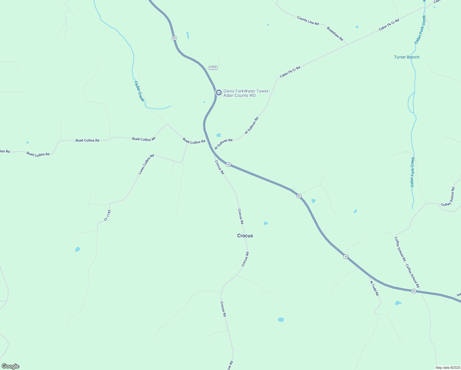map of restaurants, bars, coffee shops, grocery stores, and more near Crocus Road in Glens Fork