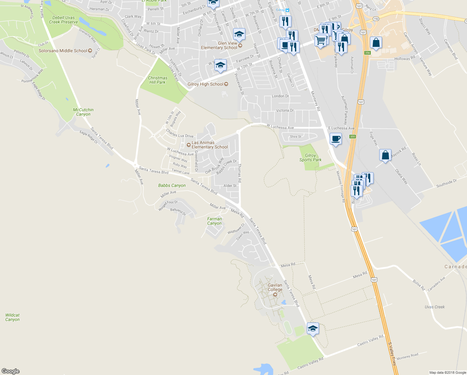 map of restaurants, bars, coffee shops, grocery stores, and more near 746 Alder Street in Gilroy