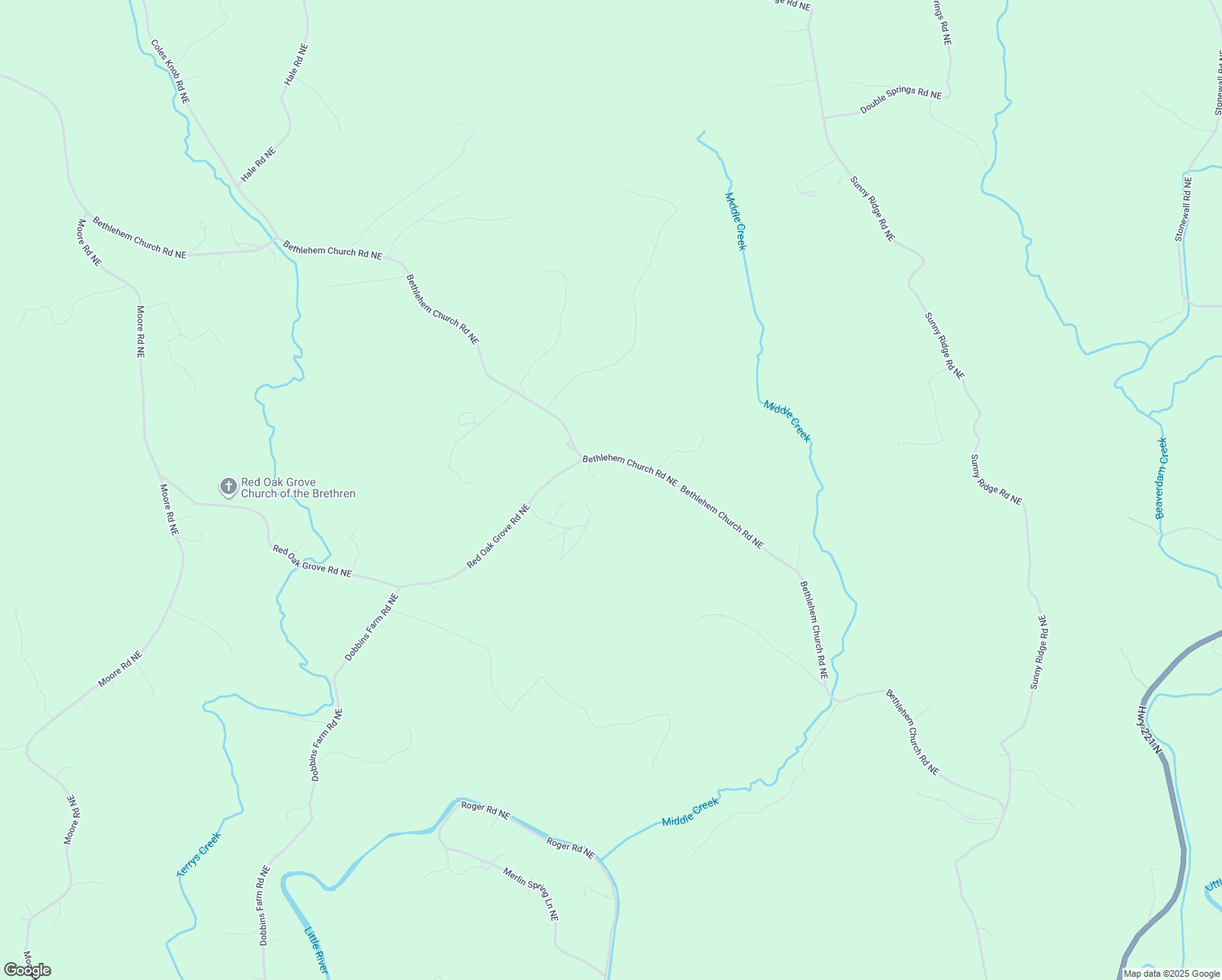 map of restaurants, bars, coffee shops, grocery stores, and more near 1540 Bethlehem Church Road Northeast in Floyd