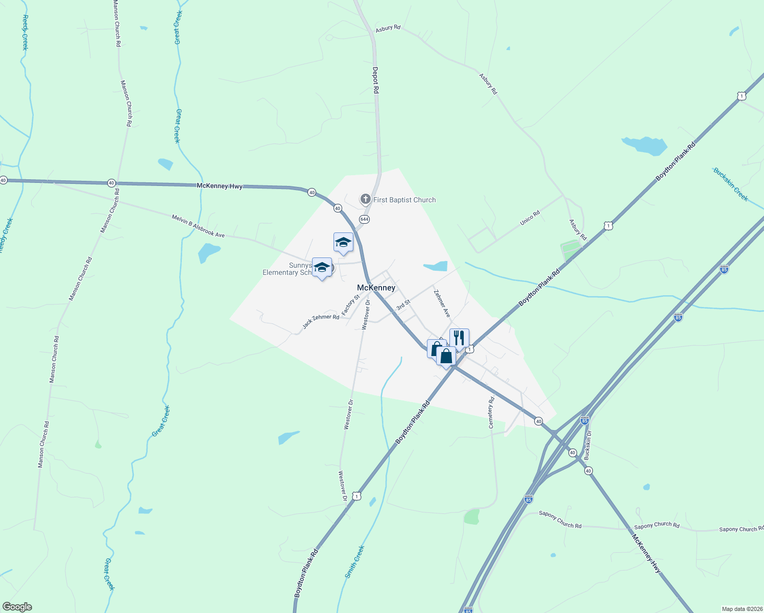 map of restaurants, bars, coffee shops, grocery stores, and more near 10417 Doyle Blvd in McKenney