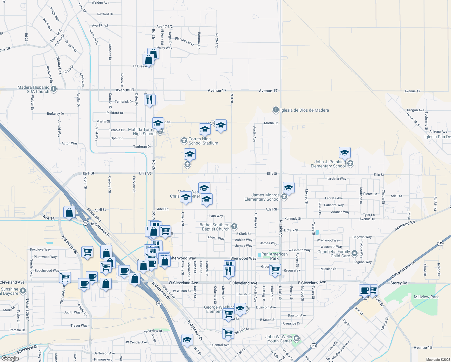 map of restaurants, bars, coffee shops, grocery stores, and more near 16348 North D Street in Madera