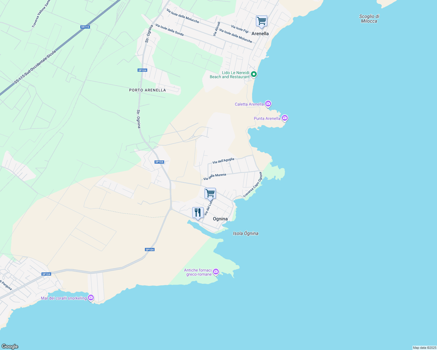 map of restaurants, bars, coffee shops, grocery stores, and more near 15 Via della Murena in Ognina