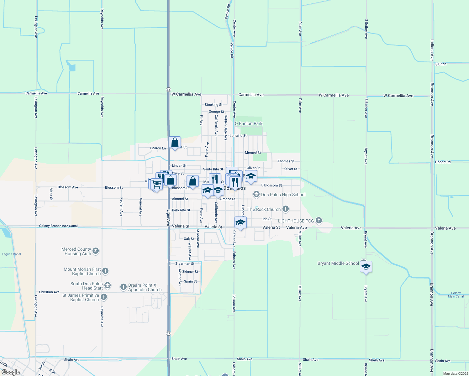 map of restaurants, bars, coffee shops, grocery stores, and more near 15723 Folsom Avenue in Dos Palos