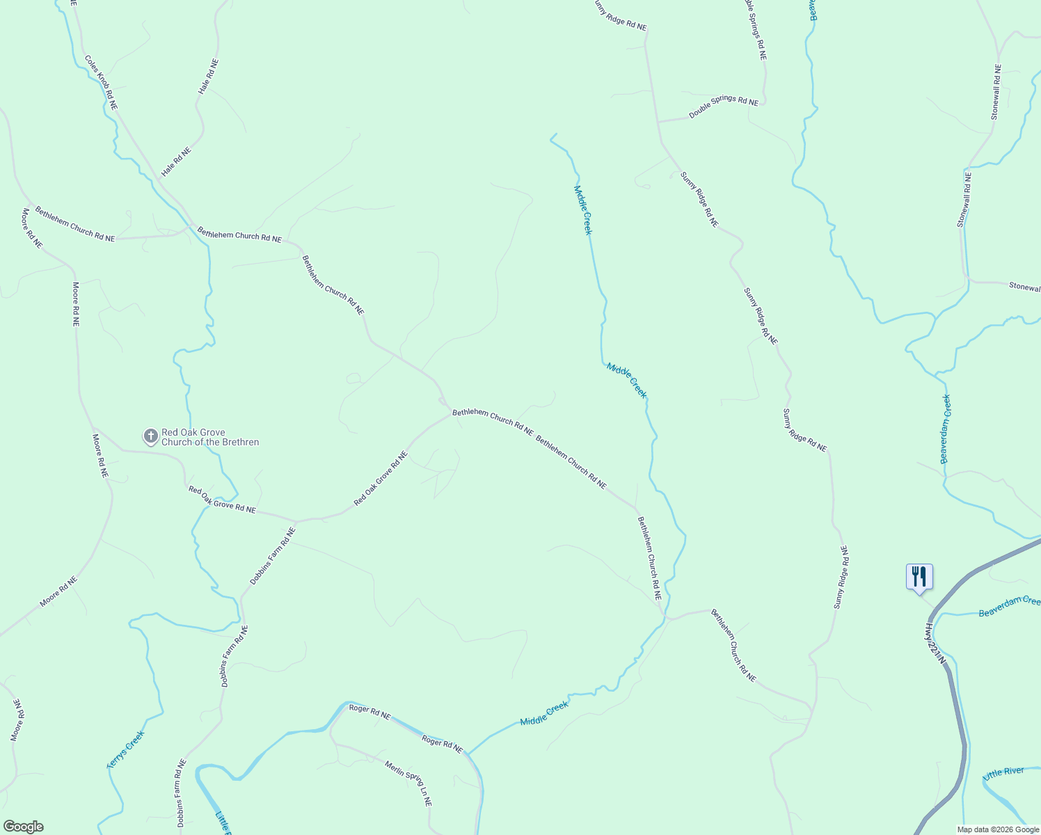 map of restaurants, bars, coffee shops, grocery stores, and more near 1199-1437 Bethlehem Church Road Northeast in Floyd